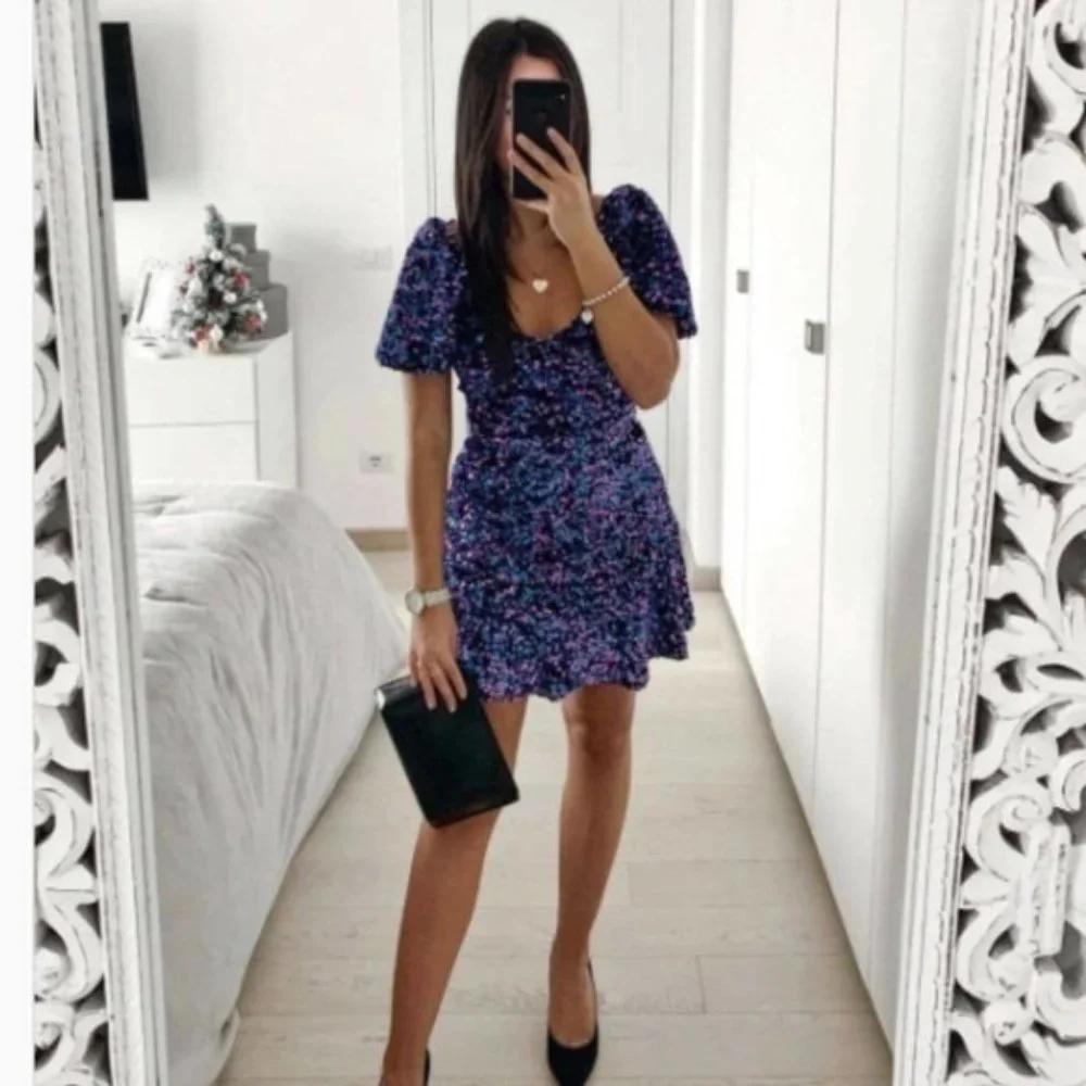 Zara Purple Blue Sequin Puff Sleeve Cocktail Dress - Picture 3 of 8